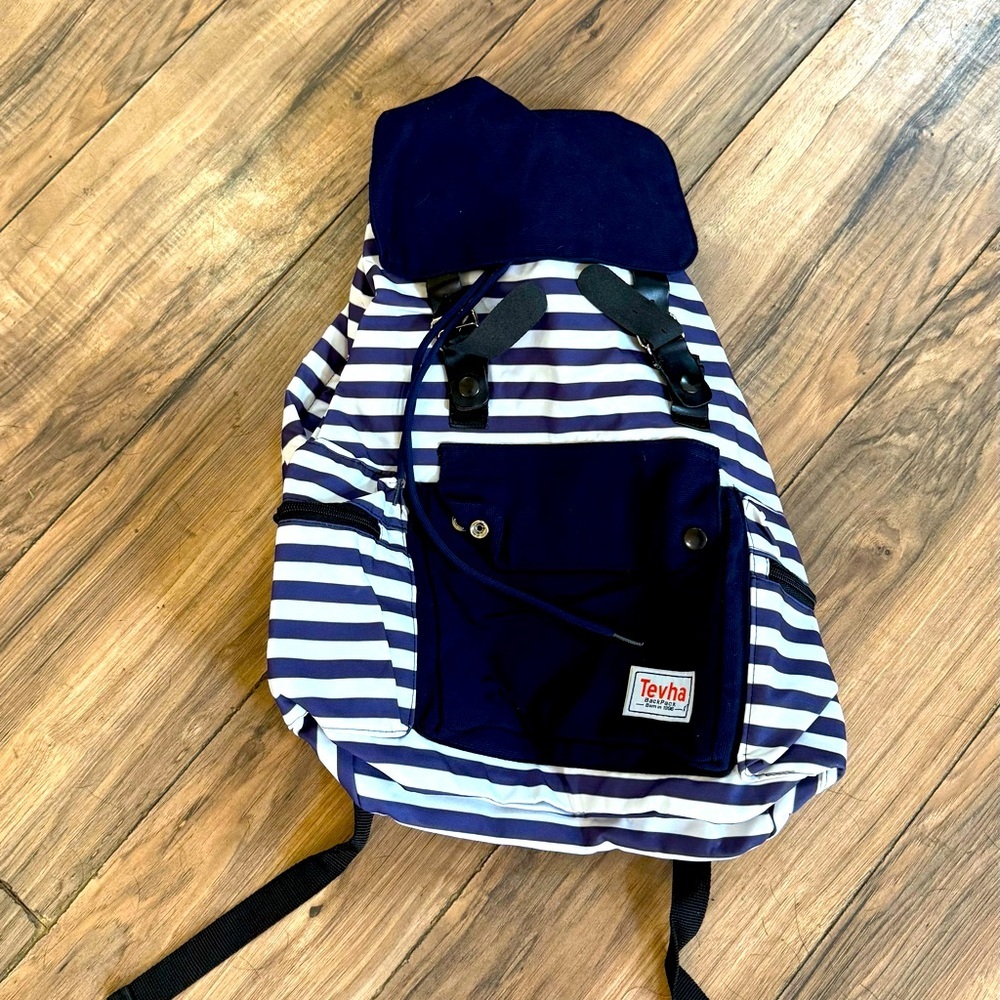 Tevha Navy and White Nautical Striped Backpack! EUC